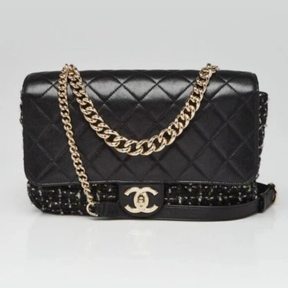 Chanel Black Tweed Quilted Lambskin Leather Medium Flap Bag - Picture 1 of 10